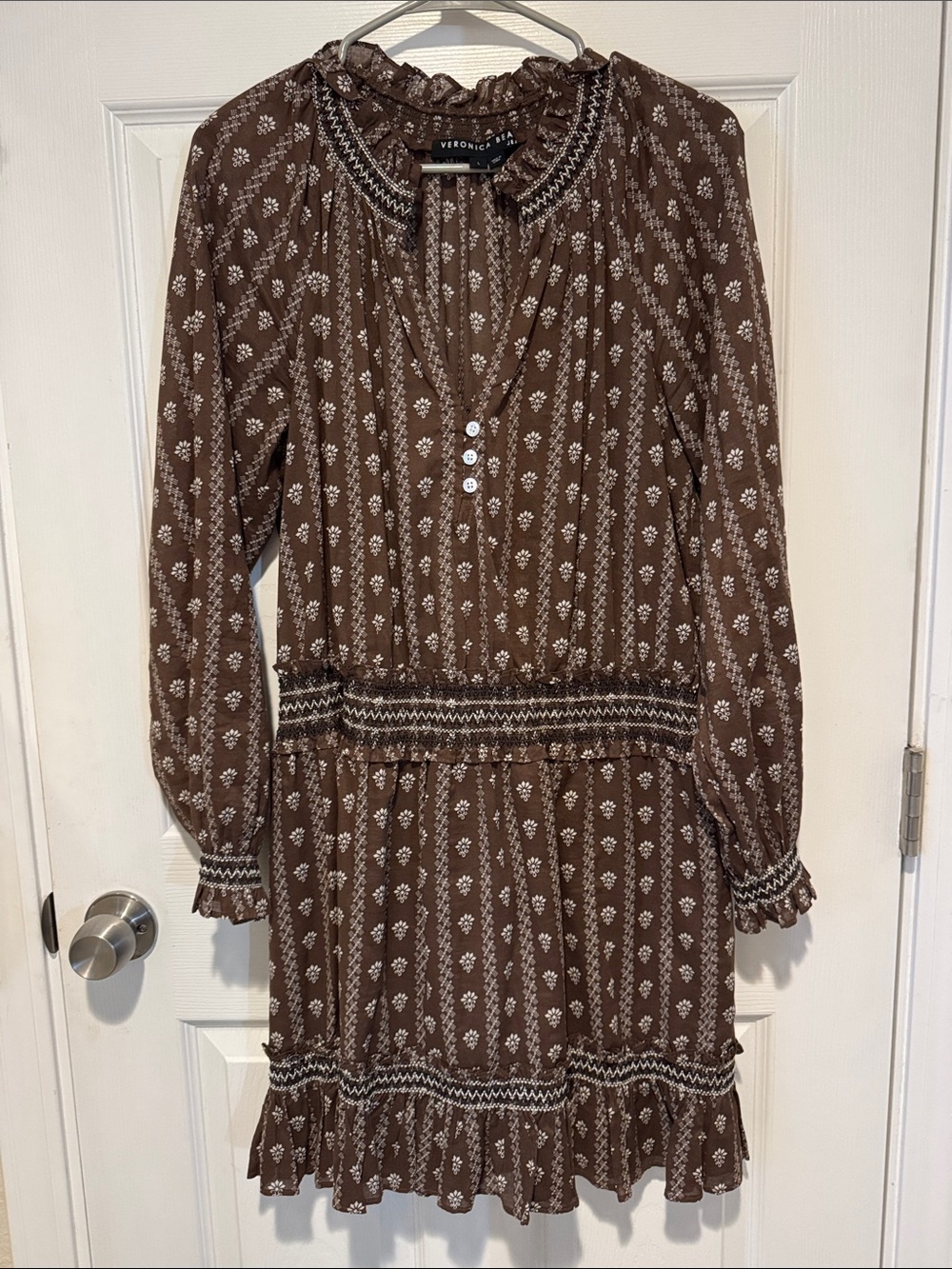 Veronica Beard Chocolate Brown Floral Long-Sleeve Smocked Dress